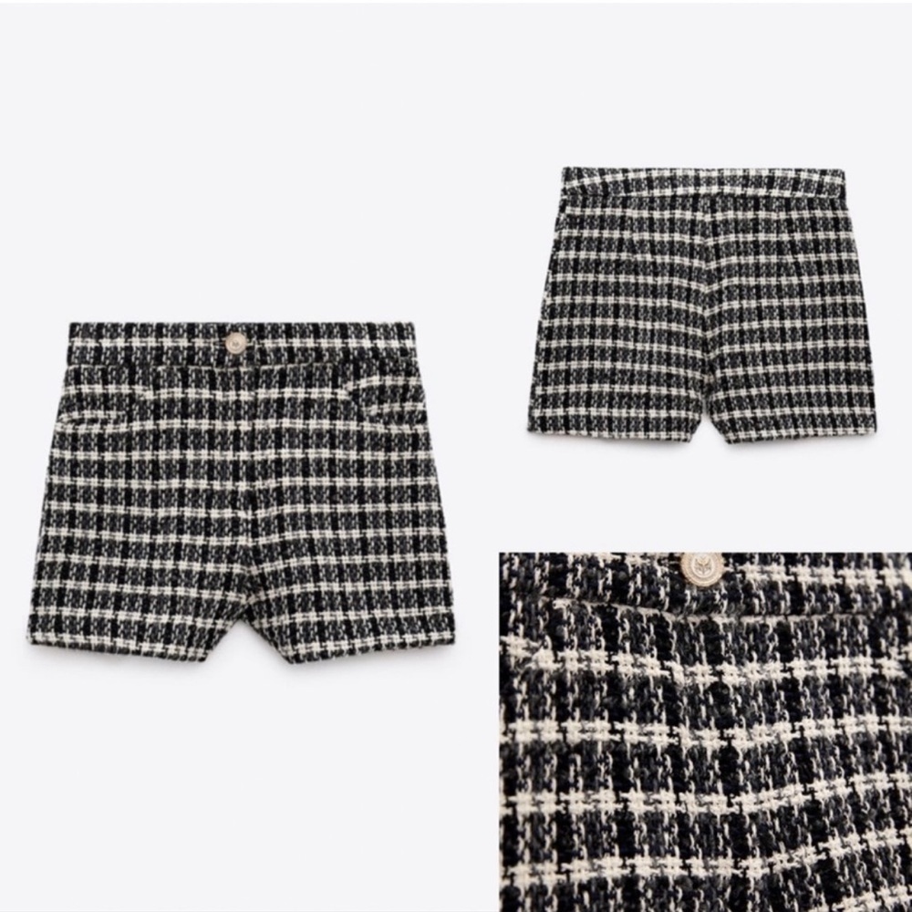 Zara black white textured woven tweed high waisted shorts Sz L NWT